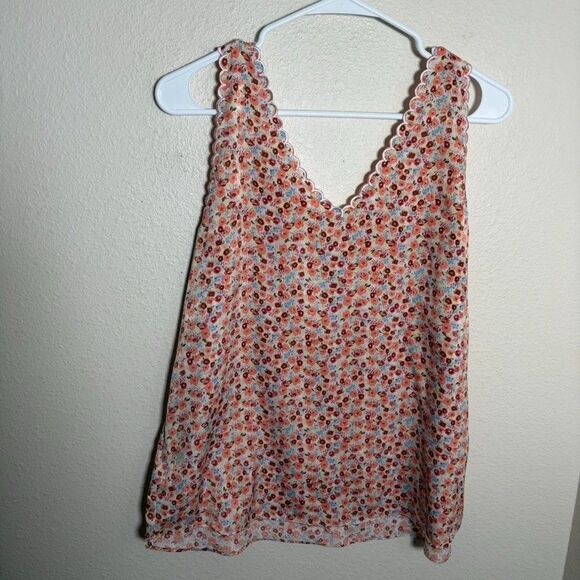 LC Lauren Conrad Tank Top Women's Medium Floral V-Neck Scalloped Boho Shirt - Picture 4 of 8